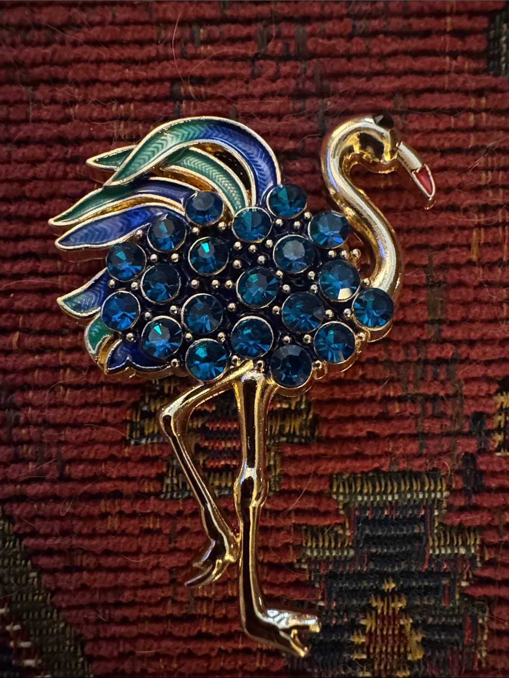 NWOT Gold-Tone Flamingo Brooch with Blue Crystal Accents